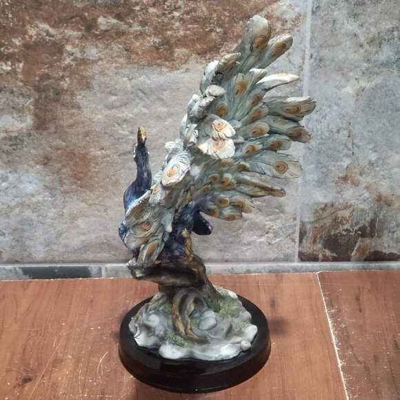 Vintage Dancing Peacock Sculpture Tail Feathers Wooden Base  Vintage Dancing Peacock Sculpture Tail Feathers Wooden Base